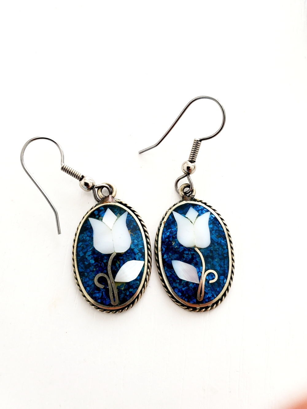 Vintage Alpaca Silver Inlay Tulip Drop Earrings Blue Mother of Pearl Mexico